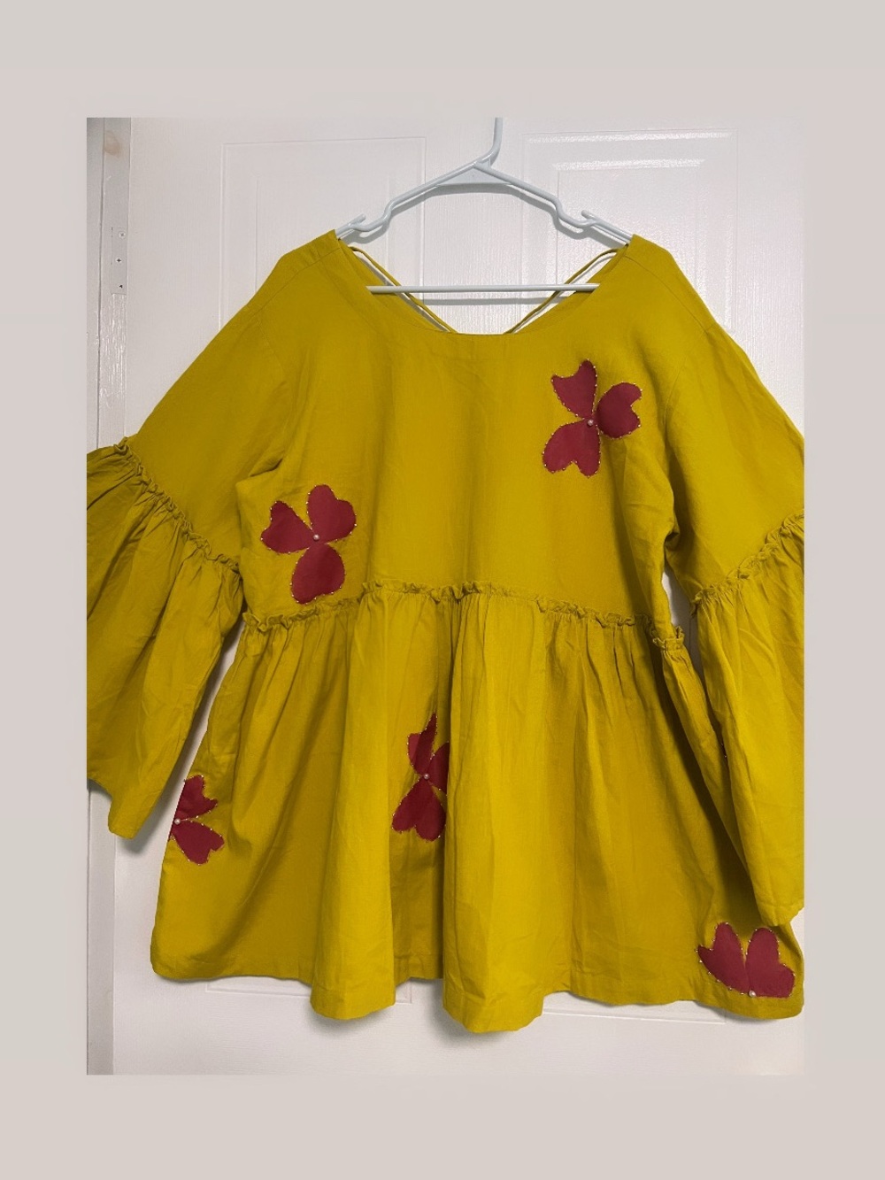 Linen blend ruffle tunic, Hand painted top, flare sleeves, peplum top